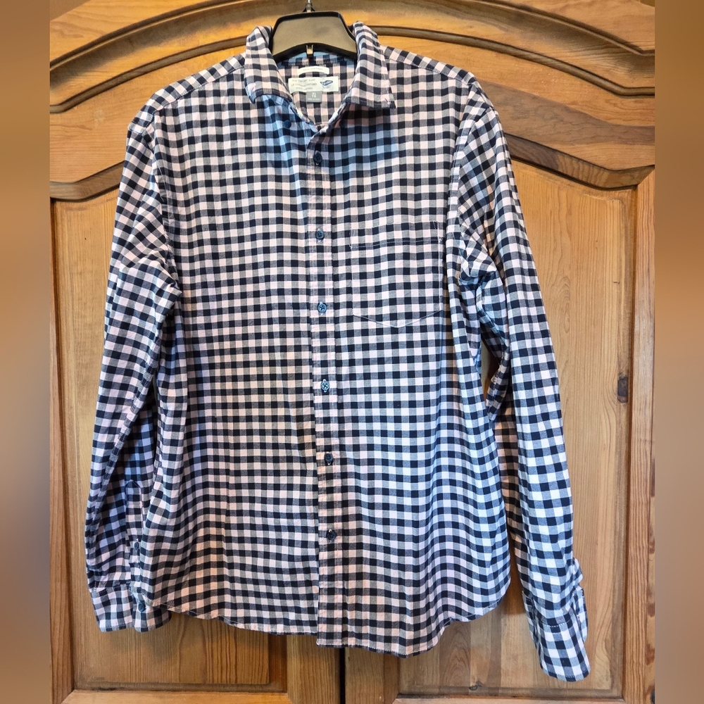 Mens XL Slim Fit Old Navy Oxford Long Sleeve Shirt Pale Pink Gingham Black Check